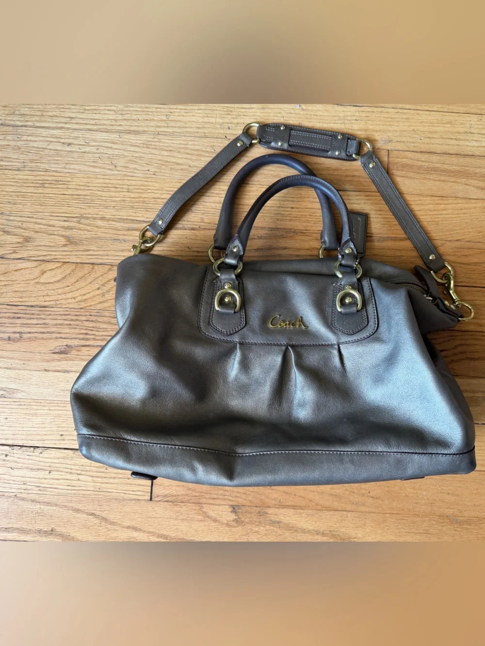 Coach Metallic Charcoal Leather Satchel with Detachable Strap - Picture 3 of 7